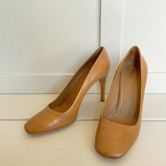 Prada Nude Square-toed Leather Pumps - Picture 1 of 7